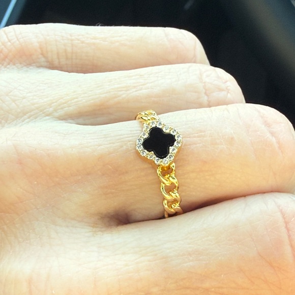 NWT Rachel Zoe 18k Gold Plated 925 Sterling Silver Black Onyx Clover Ring size 8 - Picture 3 of 8